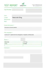 Retatrutide 20 mg customer-shared report: first page, low-resolution preview