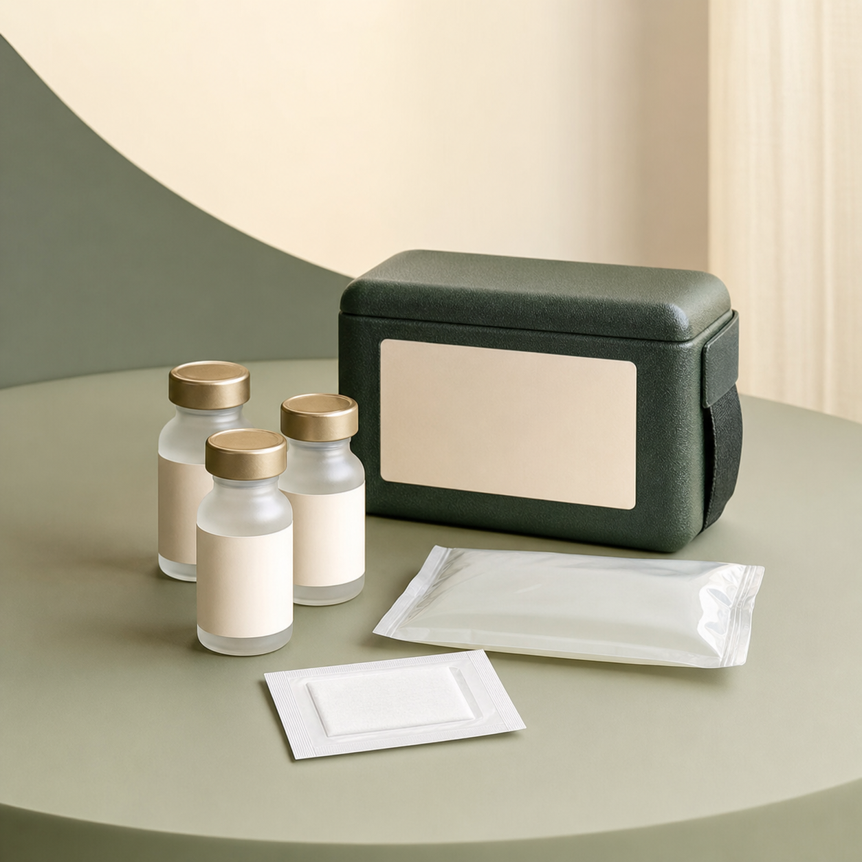 Illustrative unbranded care kit and medicine vials