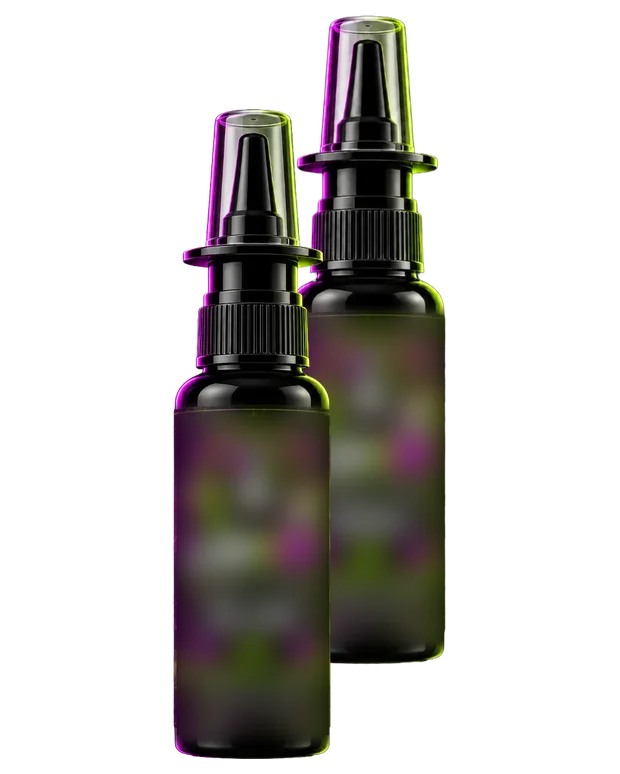 Two black 10 mL nasal spray bottles with clear dust caps, one standing in front of the other